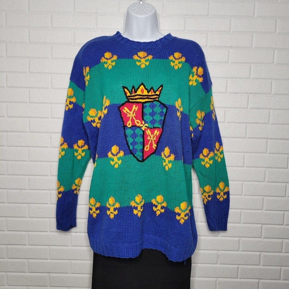 Vtg 80s Picone Sport Cotton Sweater Sz‎ M Fleur de Lis Maximalist Dopamine Baggy